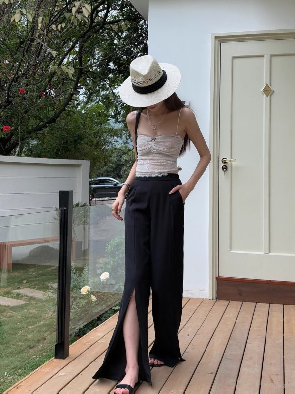 High-Waisted Irregular Side-Slit Wide-Leg Pants for Tall Individuals - Lightweight Draped Floor-Length Style for Spring and Summer