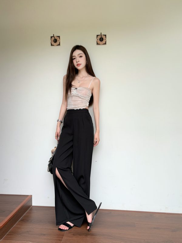 High-Waisted Irregular Side-Slit Wide-Leg Pants for Tall Individuals - Lightweight Draped Floor-Length Style for Spring and Summer