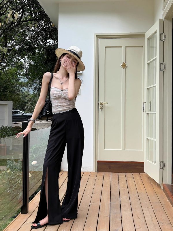 High-Waisted Irregular Side-Slit Wide-Leg Pants for Tall Individuals - Lightweight Draped Floor-Length Style for Spring and Summer