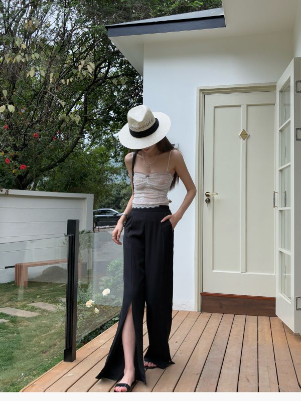 High-Waisted Irregular Side-Slit Wide-Leg Pants for Tall Individuals - Lightweight Draped Floor-Length Style for Spring and Summer