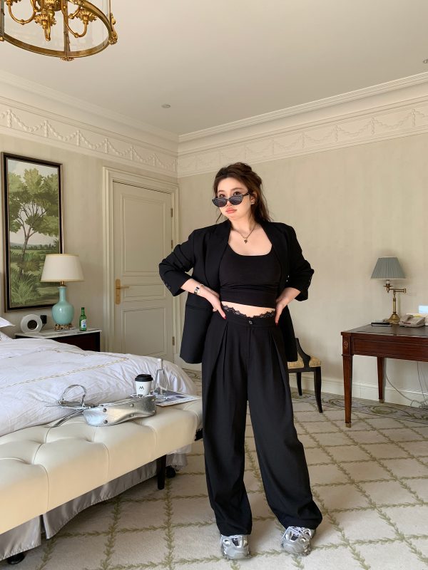 High-Waisted Lace Splicing Wide-Leg Pants - Relaxed Fit Slimming Trousers for Effortless Style