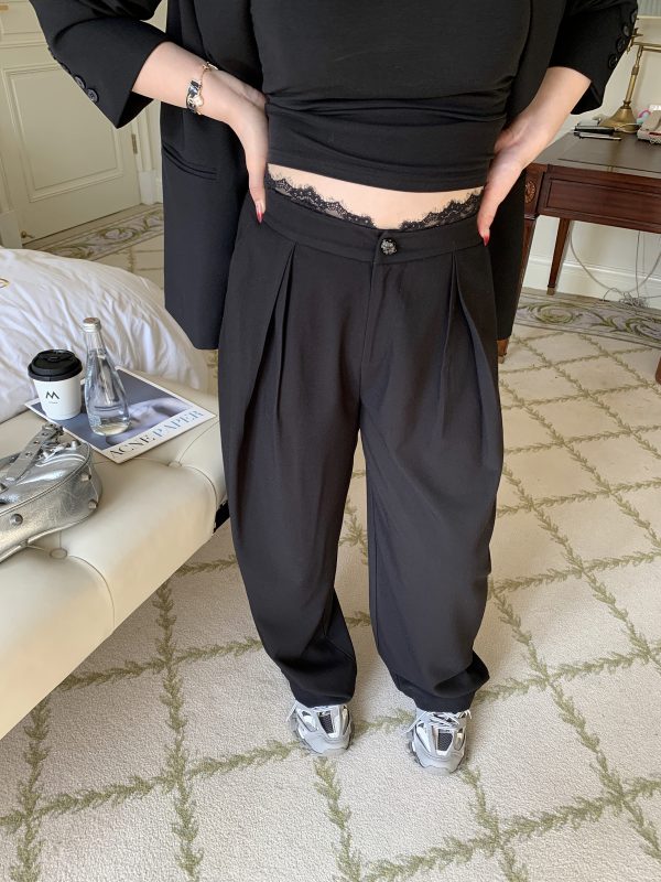 High-Waisted Lace Splicing Wide-Leg Pants - Relaxed Fit Slimming Trousers for Effortless Style