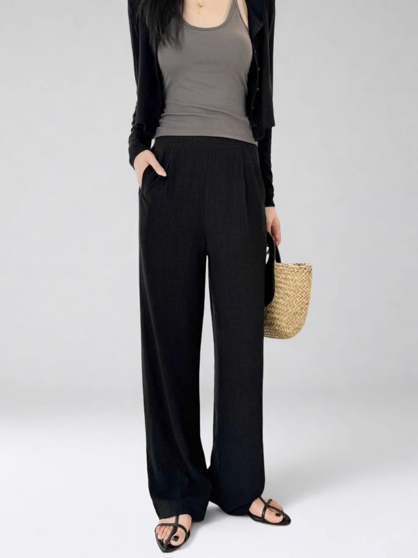 High-Waisted Linen Pants for Women, Narrow-Leg Wide-Leg Casual Trousers with Elastic Back Pockets for Spring and Summer Style