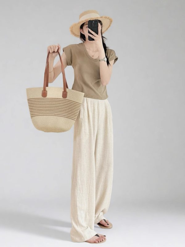 High-Waisted Linen Pants for Women, Narrow-Leg Wide-Leg Casual Trousers with Elastic Back Pockets for Spring and Summer Style