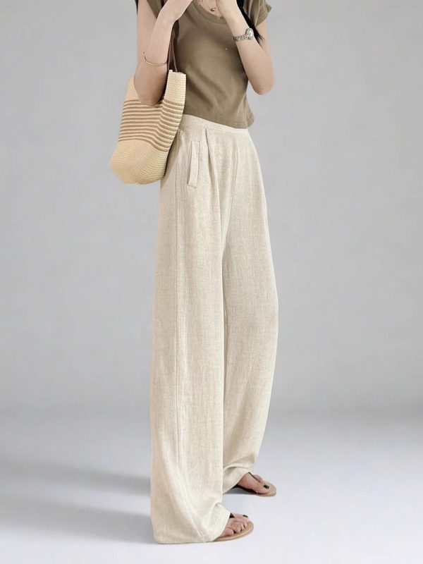 High-Waisted Linen Pants for Women, Narrow-Leg Wide-Leg Casual Trousers with Elastic Back Pockets for Spring and Summer Style