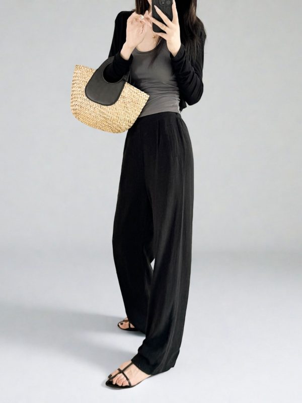 High-Waisted Linen Pants for Women, Narrow-Leg Wide-Leg Casual Trousers with Elastic Back Pockets for Spring and Summer Style