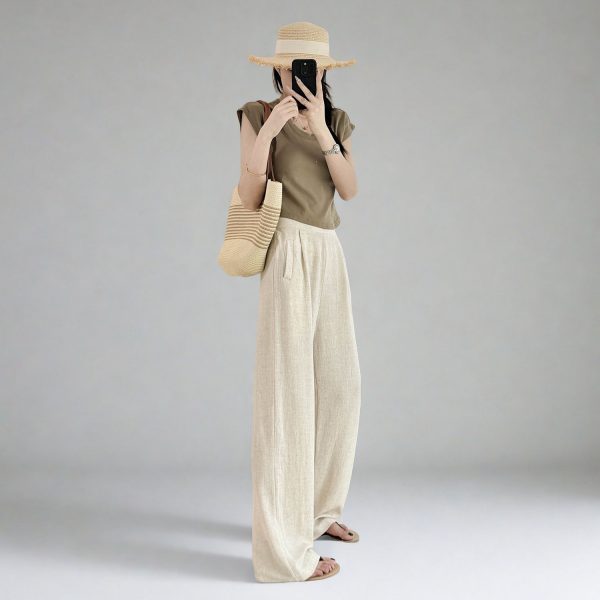 High-Waisted Linen Pants for Women, Narrow-Leg Wide-Leg Casual Trousers with Elastic Back Pockets for Spring and Summer Style