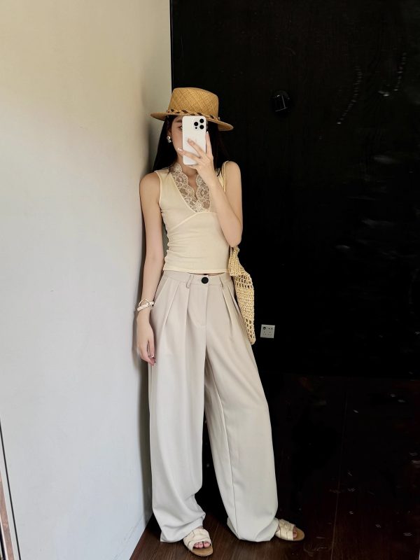 High-Waisted Loose Off-White Wide-Leg Pants for Women - Spring/Summer Floor-Length Draped Trousers in Light Fabric