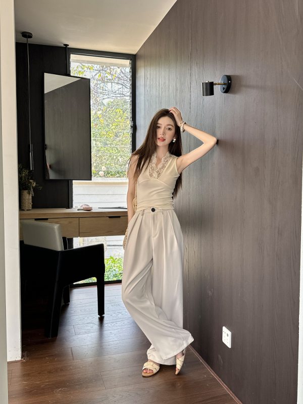 High-Waisted Loose Off-White Wide-Leg Pants for Women - Spring/Summer Floor-Length Draped Trousers in Light Fabric
