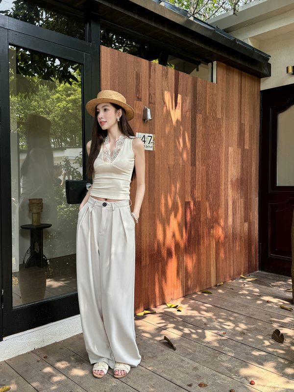 High-Waisted Loose Off-White Wide-Leg Pants for Women - Spring/Summer Floor-Length Draped Trousers in Light Fabric