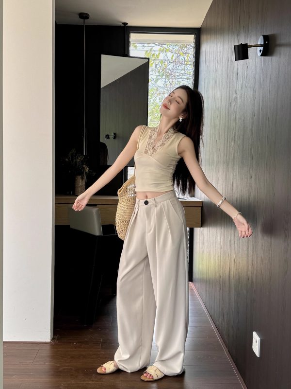 High-Waisted Loose Off-White Wide-Leg Pants for Women - Spring/Summer Floor-Length Draped Trousers in Light Fabric