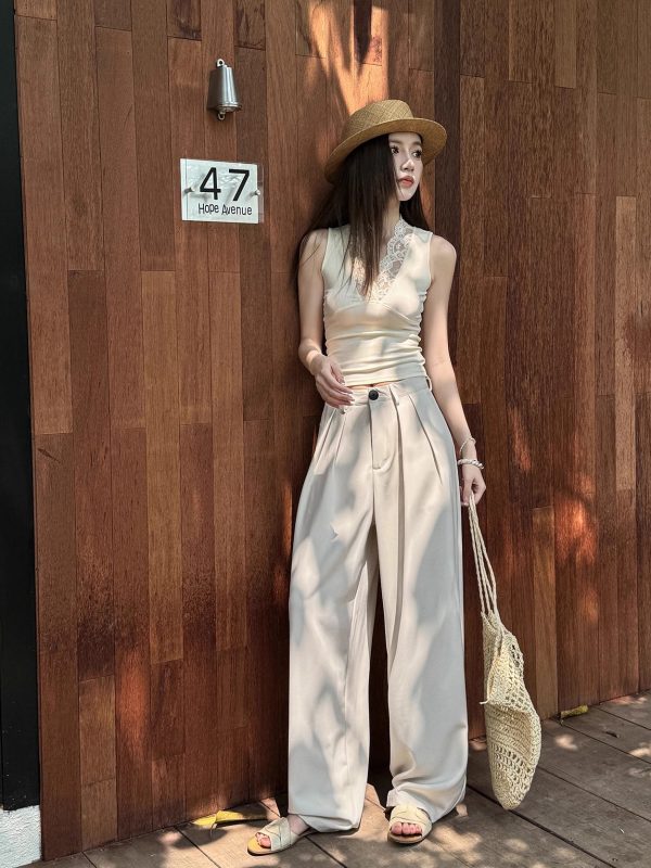 High-Waisted Loose Off-White Wide-Leg Pants for Women - Spring/Summer Floor-Length Draped Trousers in Light Fabric