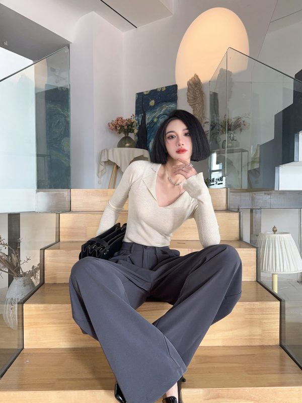 High-Waisted Loose Off-White Wide-Leg Pants for Women - Spring/Summer Floor-Length Draped Trousers in Light Fabric