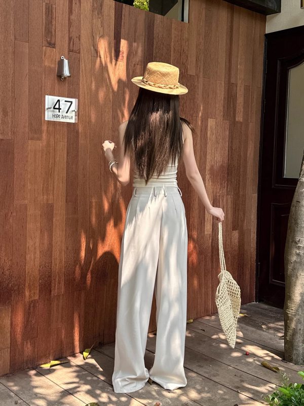 High-Waisted Loose Off-White Wide-Leg Pants for Women - Spring/Summer Floor-Length Draped Trousers in Light Fabric