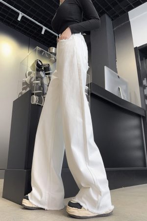 High-Waisted Loose Straight Wide-Leg White Jeans for Tall Women - Light Fabric Casual Pants for Spring and Autumn