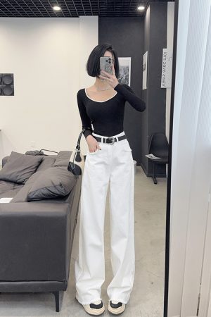 High-Waisted Loose Straight Wide-Leg White Jeans for Tall Women - Light Fabric Casual Pants for Spring and Autumn