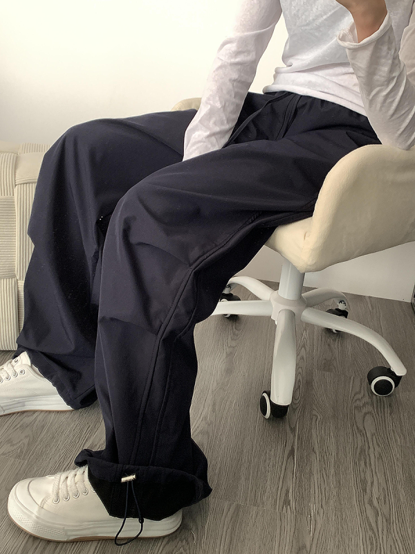 High-Waisted Navy Blue Relaxed Straight-Leg Work Pants for Women, Loose Fit Wide-Leg Sports Casual Trousers for Spring and Autumn