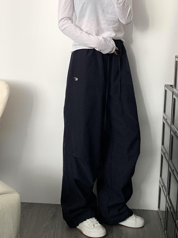 High-Waisted Navy Blue Relaxed Straight-Leg Work Pants for Women, Loose Fit Wide-Leg Sports Casual Trousers for Spring and Autumn