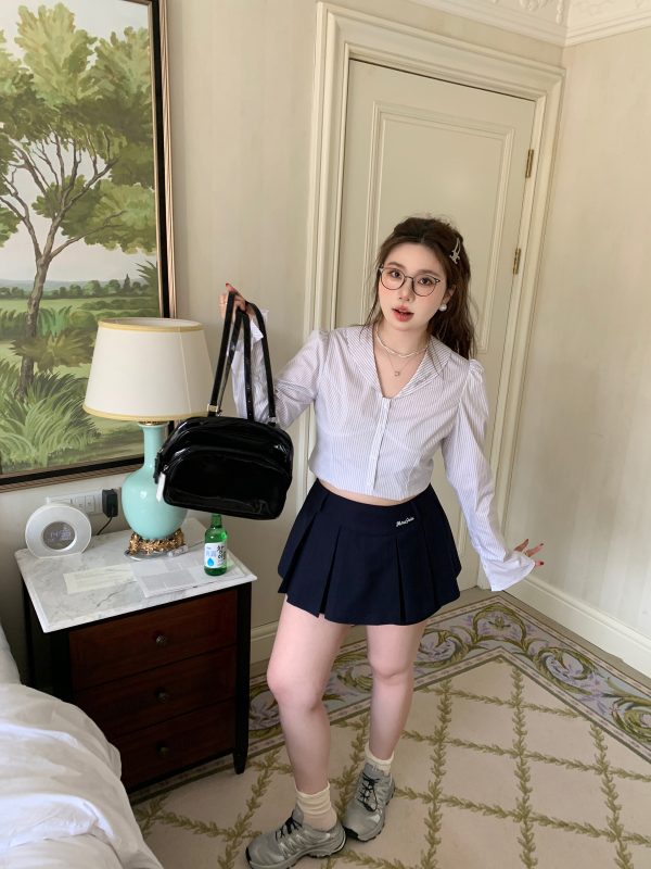 High-Waisted Navy Blue Skirt Pants, Retro American Haipai Academy Style, Slightly Chubby Fit, Trendy Y2K Fashion