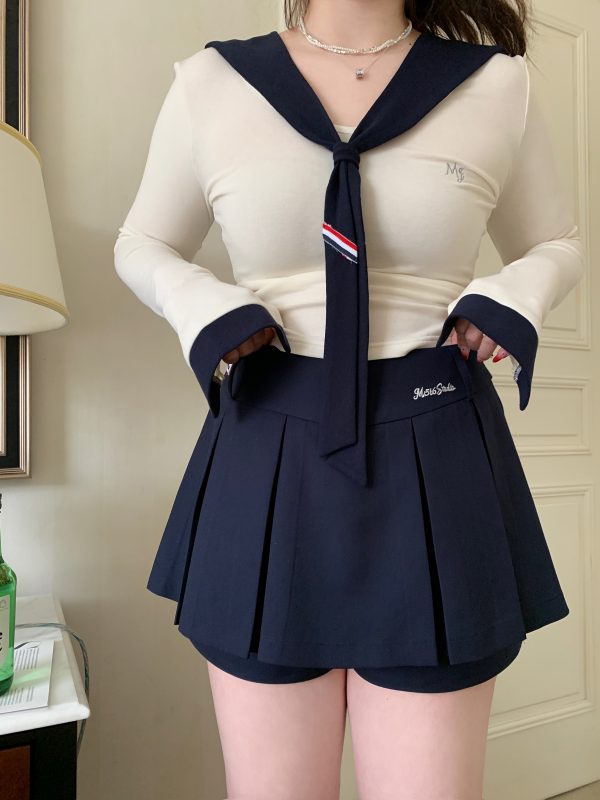 High-Waisted Navy Blue Skirt Pants, Retro American Haipai Academy Style, Slightly Chubby Fit, Trendy Y2K Fashion