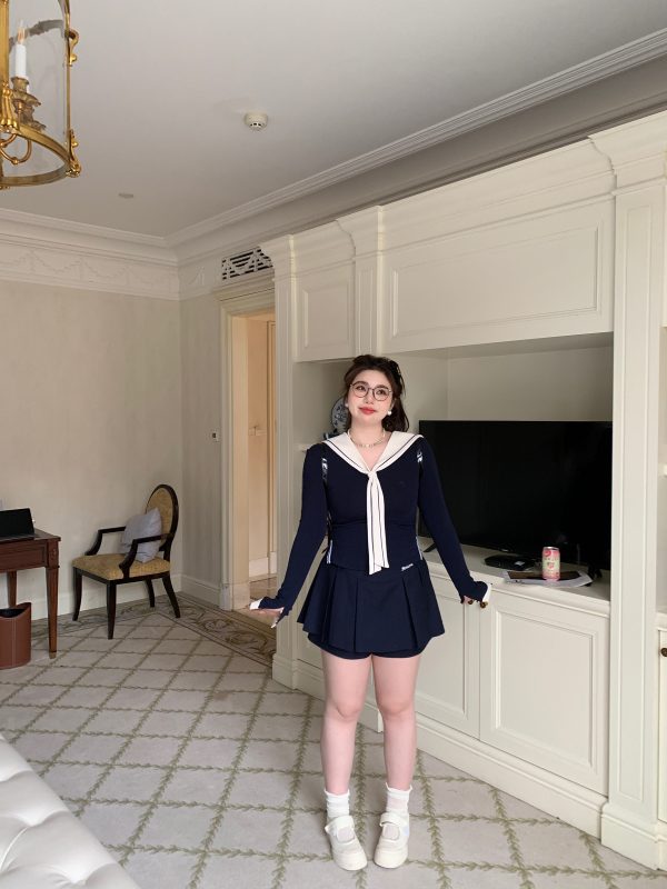 High-Waisted Navy Blue Skirt Pants, Retro American Haipai Academy Style, Slightly Chubby Fit, Trendy Y2K Fashion