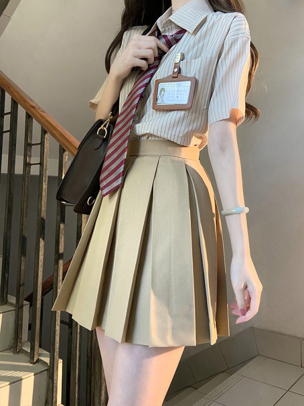 High-Waisted Pleated JK Uniform Skirt - Plaid and Solid Color Basic Style, Authentic Pudding Bear Inspired Design