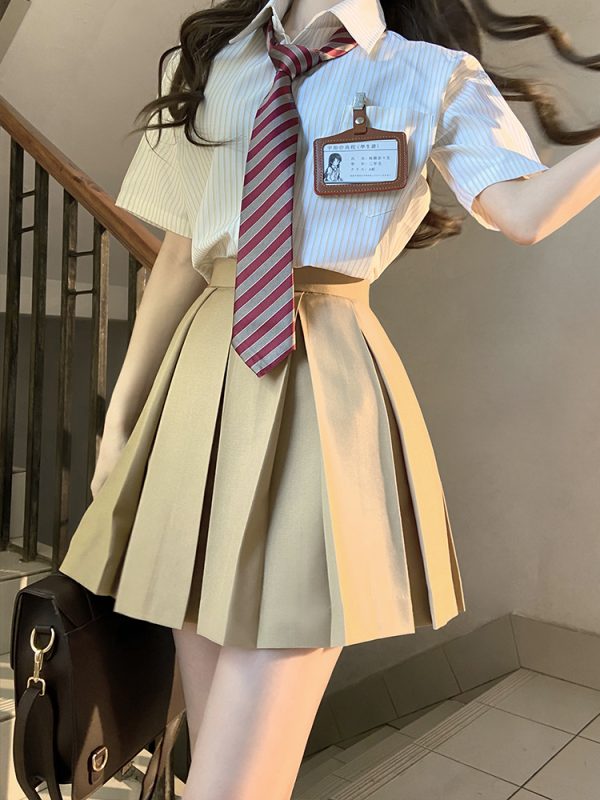 High-Waisted Pleated JK Uniform Skirt - Plaid and Solid Color Basic Style, Authentic Pudding Bear Inspired Design