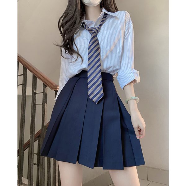 High-Waisted Pleated JK Uniform Skirt in Plaid - Solid Color Basic Style, Authentic 90s-Inspired Pudding Bear Aesthetic