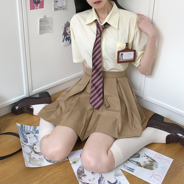High-Waisted Pleated JK Uniform Skirt in Plaid - Solid Color Basic Style, Authentic 90s-Inspired Pudding Bear Aesthetic