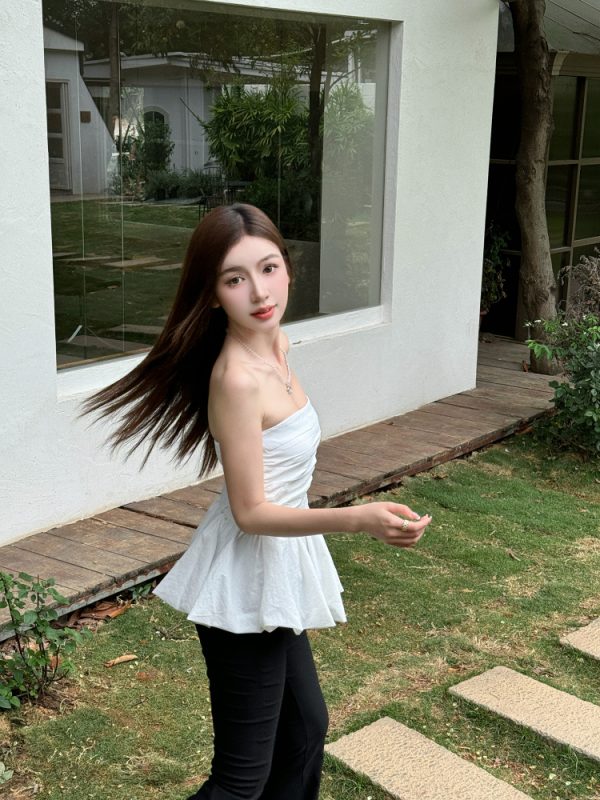 High-Waisted Pleated Slim-Fit Strapless Tank Top with Floral Skirt Hem - Lightweight Summer Style