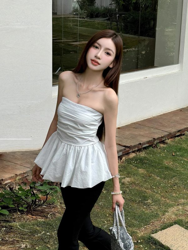 High-Waisted Pleated Slim-Fit Strapless Tank Top with Floral Skirt Hem - Lightweight Summer Style