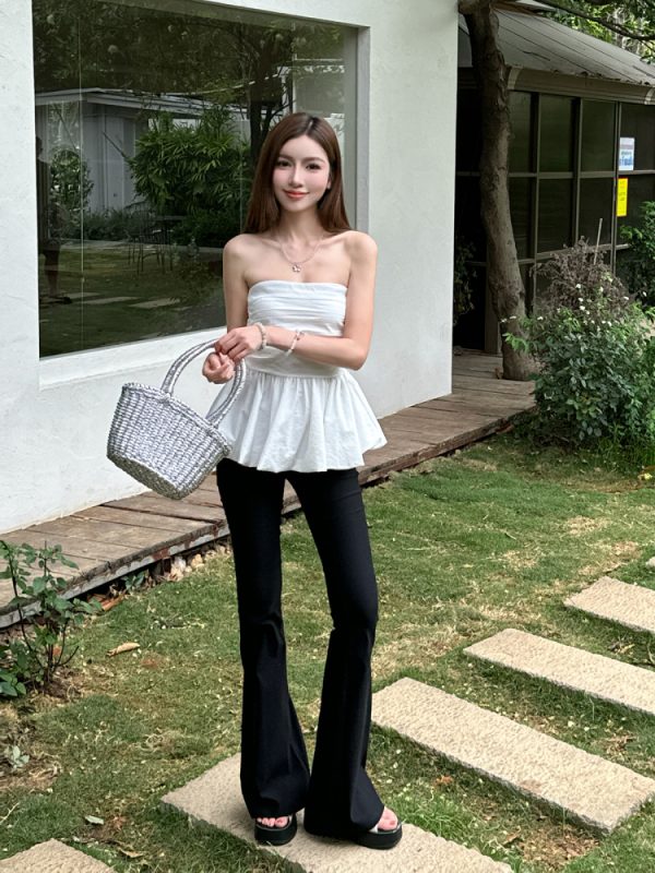 High-Waisted Pleated Slim-Fit Strapless Tank Top with Floral Skirt Hem - Lightweight Summer Style