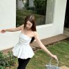 High-Waisted Pleated Slim-Fit Strapless Tank Top with Floral Skirt Hem - Lightweight Summer Style