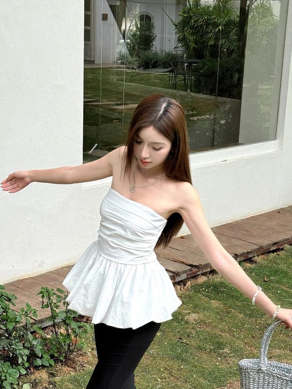 High-Waisted Pleated Slim-Fit Strapless Tank Top with Floral Skirt Hem - Lightweight Summer Style
