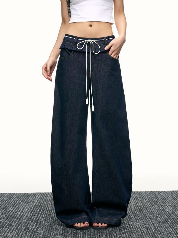 High-Waisted Ruffled Wide-Leg Floor-Length Jeans for Women - Deep Blue Washed Summer Style, Trendy Y2K Fashion