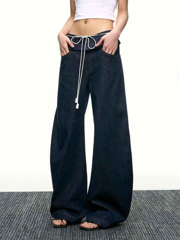 High-Waisted Ruffled Wide-Leg Floor-Length Jeans for Women - Deep Blue Washed Summer Style, Trendy Y2K Fashion