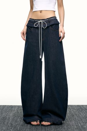 High-Waisted Ruffled Wide-Leg Floor-Length Jeans for Women - Deep Blue Washed Summer Style, Trendy Y2K Fashion