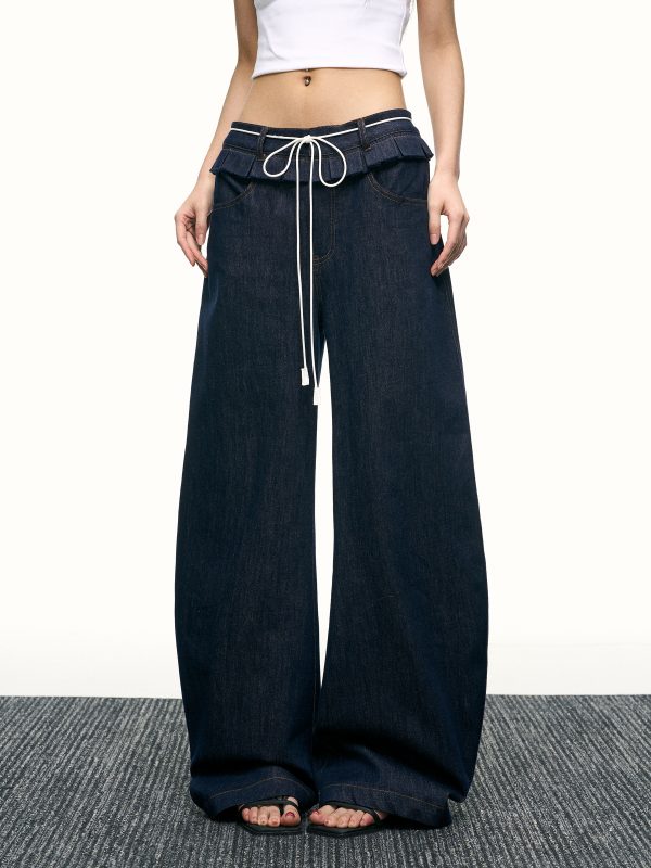High-Waisted Ruffled Wide-Leg Floor-Length Jeans for Women - Deep Blue Washed Summer Style, Trendy Y2K Fashion