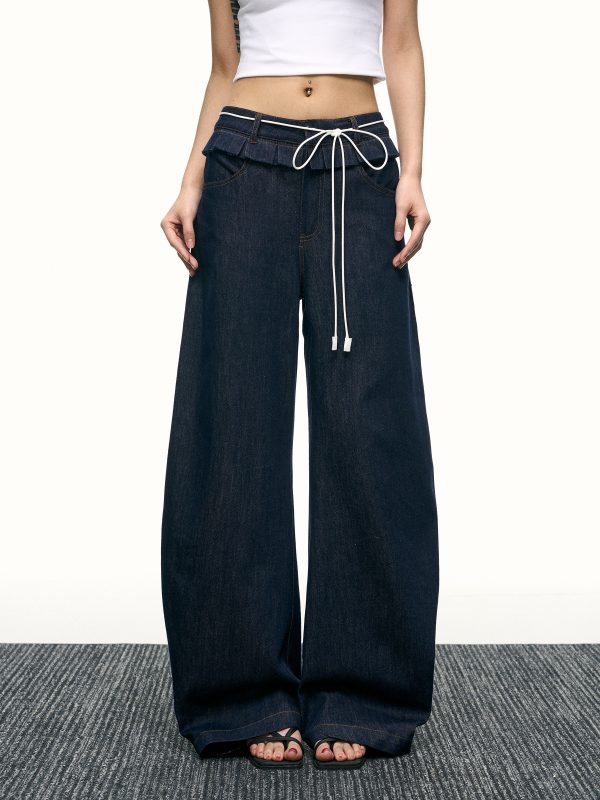 High-Waisted Ruffled Wide-Leg Floor-Length Jeans for Women - Deep Blue Washed Summer Style, Trendy Y2K Fashion