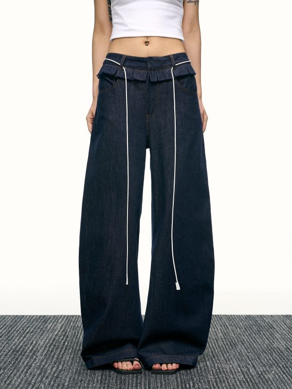 High-Waisted Ruffled Wide-Leg Floor-Length Jeans for Women - Deep Blue Washed Summer Style, Trendy Y2K Fashion