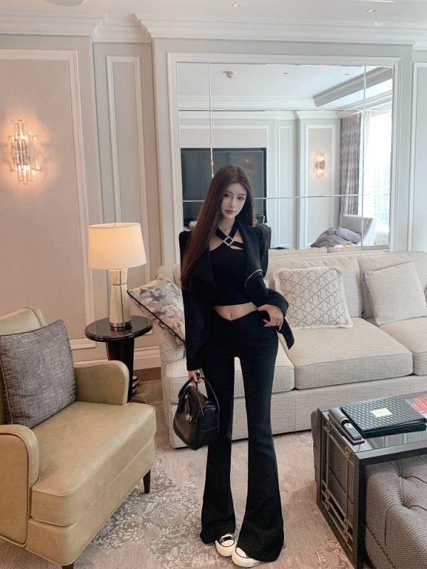 High-Waisted Slim Black Floor-Length V-Waist Slightly Flared Pants for Women - Trendy Y2K Style Trousers