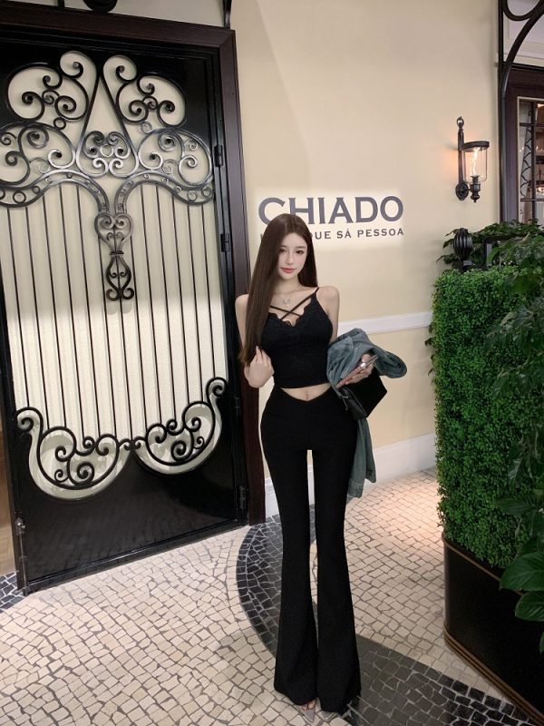 High-Waisted Slim Black Floor-Length V-Waist Slightly Flared Pants for Women - Trendy Y2K Style Trousers