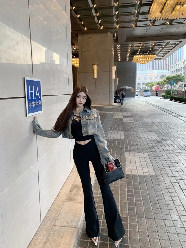 High-Waisted Slim Black Floor-Length V-Waist Slightly Flared Pants for Women - Trendy Y2K Style Trousers