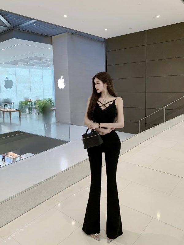 High-Waisted Slim Black Floor-Length V-Waist Slightly Flared Pants for Women - Trendy Y2K Style Trousers