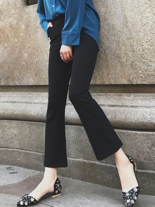 High-Waisted Slim Black Nine-Point Trousers for Women - Lightweight Flared Pants in Korean Style for Spring, Autumn, and Summer