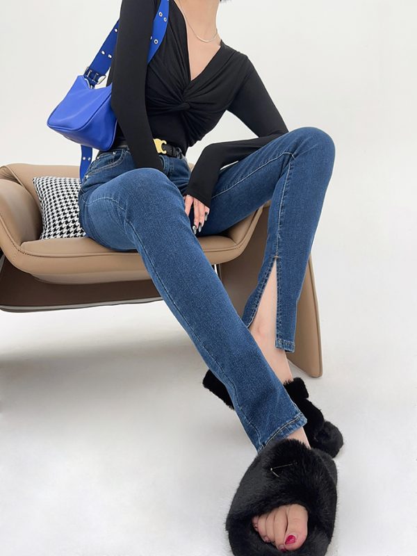 High-Waisted Slim-Fit Stretchy Skinny Jeans with Side Slits for Women - Lightweight Fabric, Perfect for Autumn and Spring