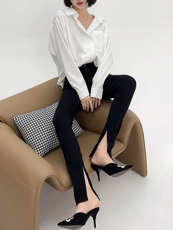 High-Waisted Slim-Fit Stretchy Skinny Jeans with Side Slits for Women - Lightweight Fabric, Perfect for Autumn and Spring
