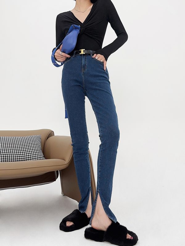 High-Waisted Slim-Fit Stretchy Skinny Jeans with Side Slits for Women - Lightweight Fabric, Perfect for Autumn and Spring