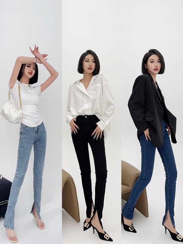 High-Waisted Slim-Fit Stretchy Skinny Jeans with Side Slits for Women - Lightweight Fabric, Perfect for Autumn and Spring