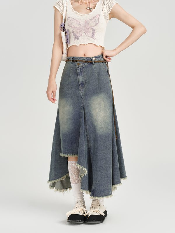 High-Waisted Slim Fit Vintage Denim Skirt for Women - Irregular Hem, Summer Style, Retro Fashion